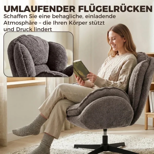 Moderne Wingback fauteuil, Fluwelen Fauteuil Met Viersterrenbasis, S veren, 360° Draaifunctie, Grijs
