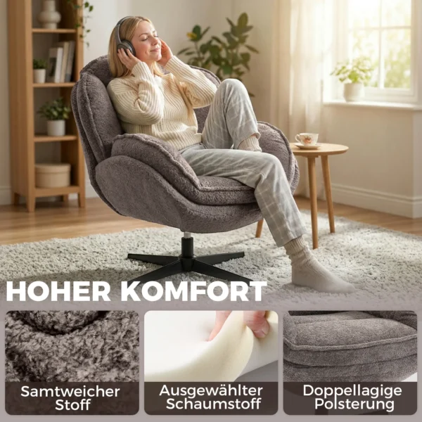 Moderne Wingback fauteuil, Fluwelen Fauteuil Met Viersterrenbasis, S veren, 360° Draaifunctie, Grijs