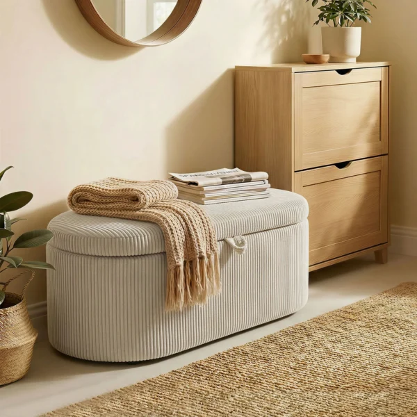 Opberg Ottomaan, Corduroy Bekleding Met Gestoffeerde Zitting, Zitbank Aan Het Voeteneinde Van Het Bed, 105 X 51 X 49 Cm, Beige