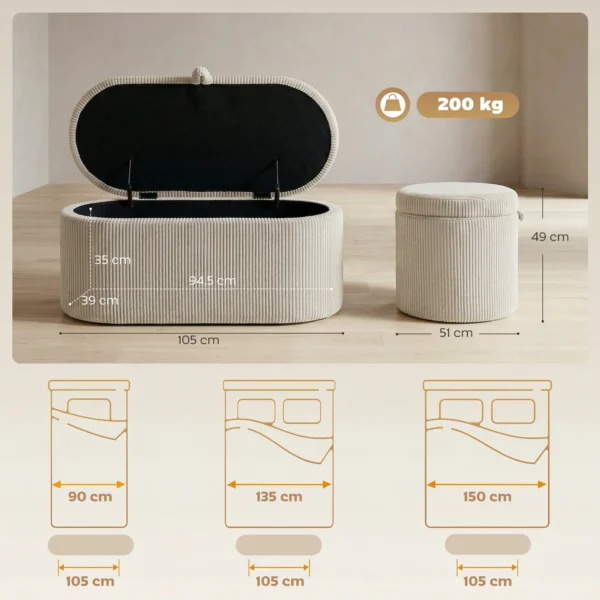 Opberg Ottomaan, Corduroy Bekleding Met Gestoffeerde Zitting, Zitbank Aan Het Voeteneinde Van Het Bed, 105 X 51 X 49 Cm, Beige