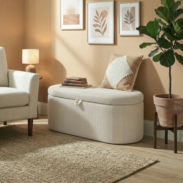 Opberg Ottomaan, Corduroy Bekleding Met Gestoffeerde Zitting, Zitbank Aan Het Voeteneinde Van Het Bed, 105 X 51 X 49 Cm, Beige