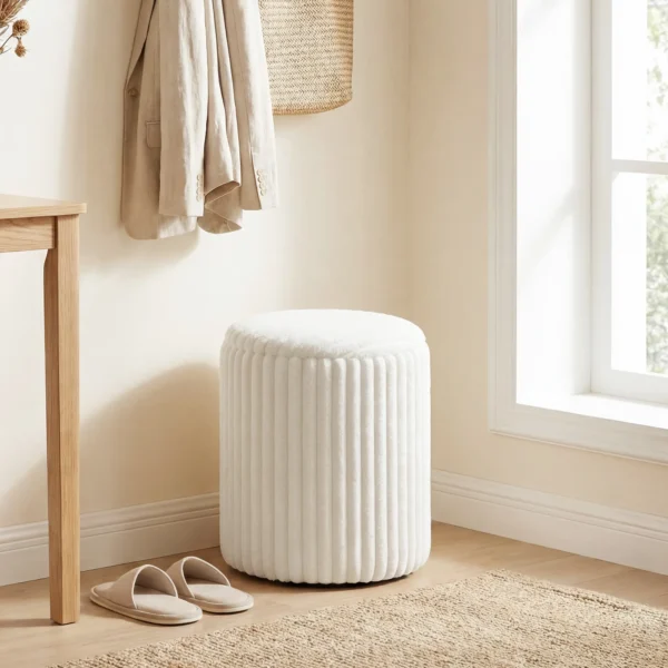 Opbergkruk Met Omkeerbaar Deksel, Moderne Corduroy Zitkruk Voor Woonkamer En Slaapkamer, Wit