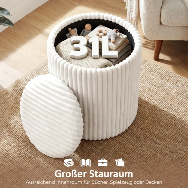 Opbergkruk Met Omkeerbaar Deksel, Moderne Corduroy Zitkruk Voor Woonkamer En Slaapkamer, Wit