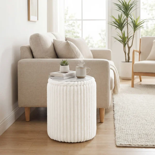 Opbergkruk Met Omkeerbaar Deksel, Moderne Corduroy Zitkruk Voor Woonkamer En Slaapkamer, Wit