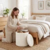 Opbergkruk Met Omkeerbaar Deksel, Moderne Corduroy Zitkruk Voor Woonkamer En Slaapkamer, Wit