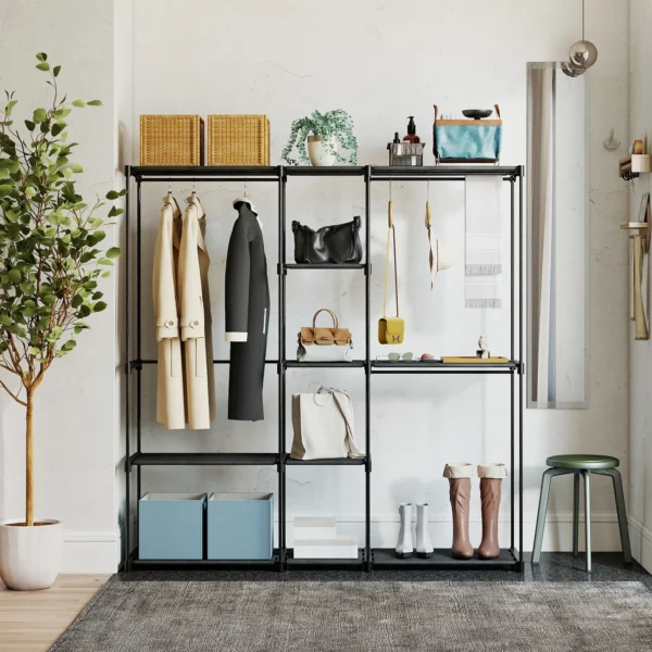 Open Kledingkast, 4 laags Kledingrek Met 2 Hangende Compartimenten Voor Woonkamer, 182 X 43 X 185 Cm, Zwart