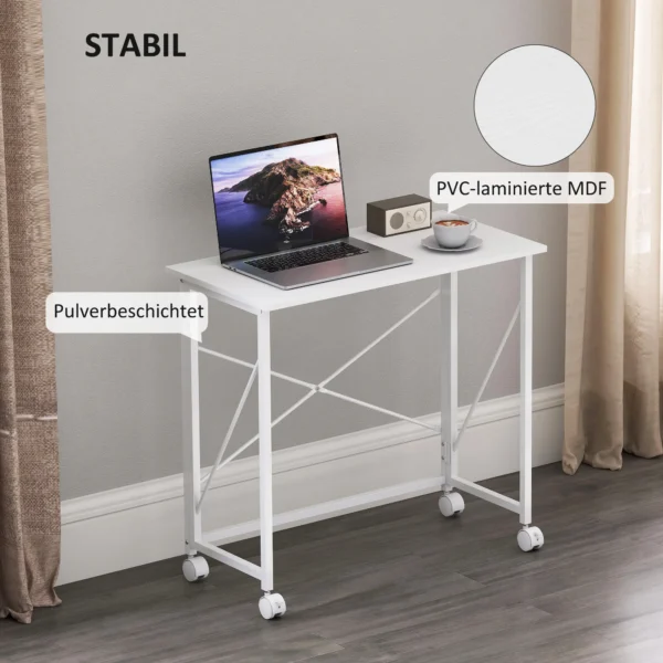 Opvouwbare Bureautafel Met Wielen En Stalen Frame Voor Studeerkamer Slaapkamer 80 X 40 X 75 Cm Wit