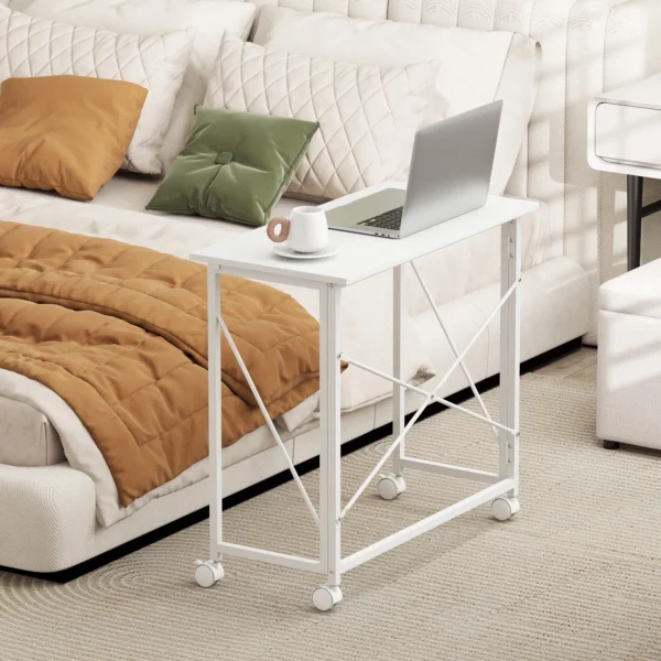 Opvouwbare Bureautafel Met Wielen En Stalen Frame Voor Studeerkamer Slaapkamer 80 X 40 X 75 Cm Wit