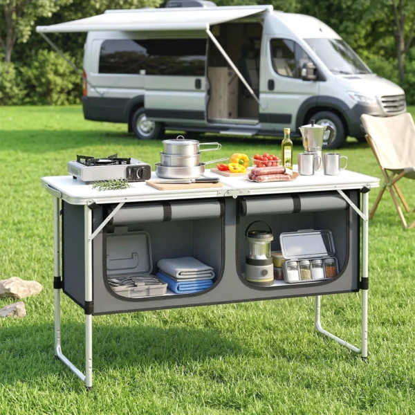 Opvouwbare Campingkeuken Kampeerkast Met Aluminium Frame Opbergvak Werkblad Voor Kamperen Reizen Zilver