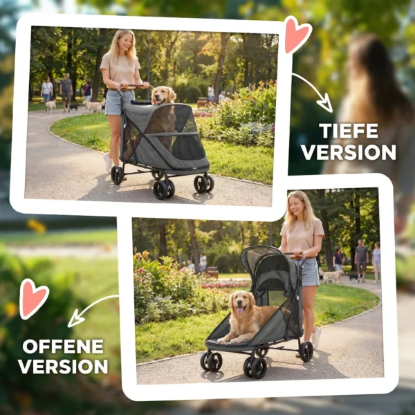 Opvouwbare Hondenwagen Voor Grote Honden Tot 30 Kg Met 360° Draaiwielen, Netvensters, Kussen, Verstelbare Handgreep, Grijs