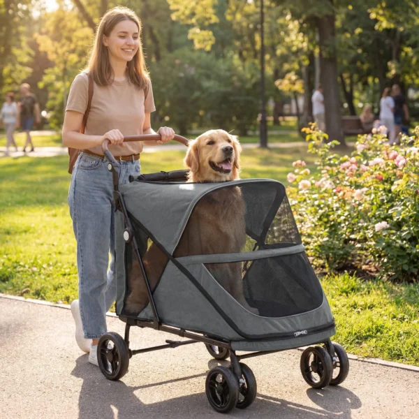 Opvouwbare Hondenwagen Voor Grote Honden Tot 30 Kg Met 360° Draaiwielen, Netvensters, Kussen, Verstelbare Handgreep, Grijs