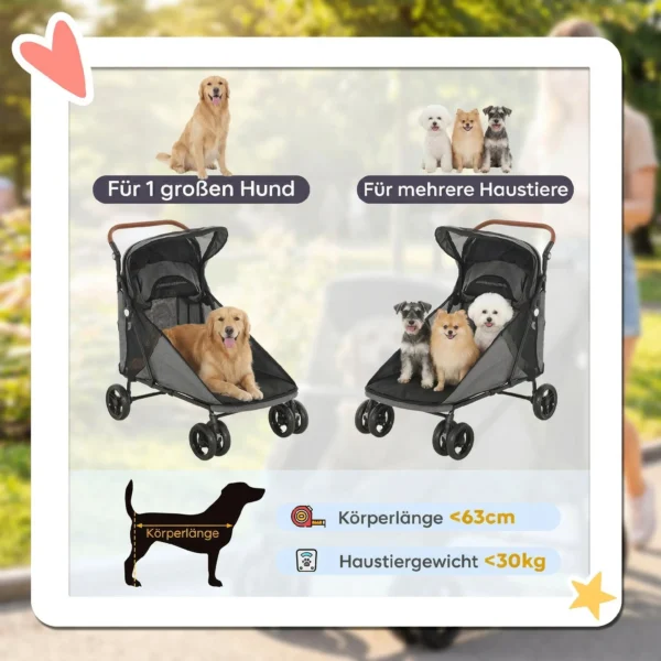 Opvouwbare Hondenwagen Voor Grote Honden Tot 30 Kg Met 360° Draaiwielen, Netvensters, Kussen, Verstelbare Handgreep, Grijs
