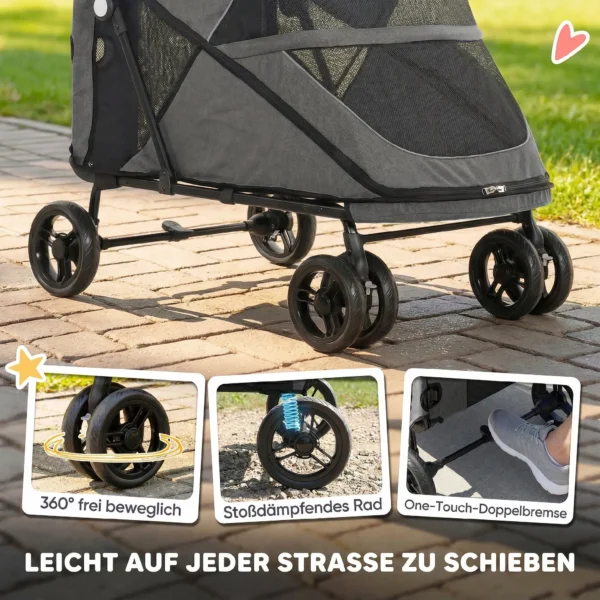 Opvouwbare Hondenwagen Voor Grote Honden Tot 30 Kg Met 360° Draaiwielen, Netvensters, Kussen, Verstelbare Handgreep, Grijs