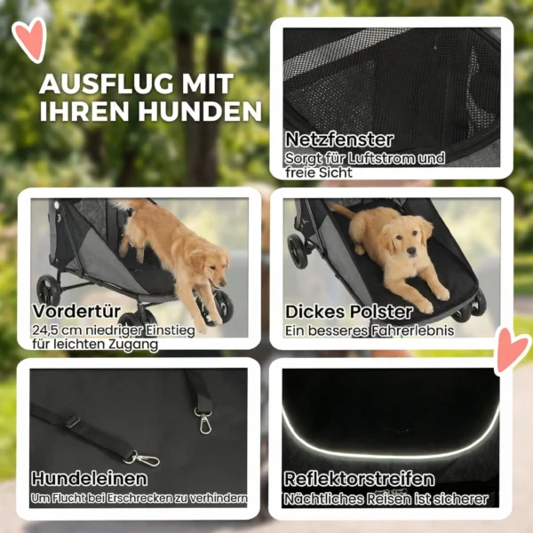 Opvouwbare Hondenwagen Voor Grote Honden Tot 30 Kg Met 360° Draaiwielen, Netvensters, Kussen, Verstelbare Handgreep, Grijs