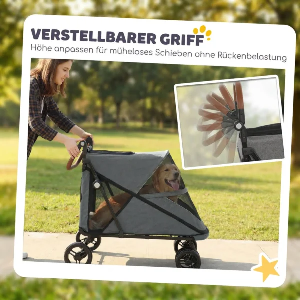 Opvouwbare Hondenwagen Voor Grote Honden Tot 30 Kg Met 360° Draaiwielen, Netvensters, Kussen, Verstelbare Handgreep, Grijs