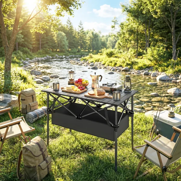 Opvouwbare Rolbare Picknicktafel Draagbare Campingtafel Met Netopslag En Draagtas Voor Buitengebruik, Zwart