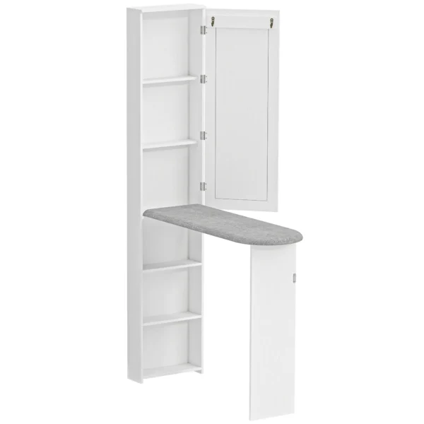 Opvouwbare Strijkplankkast Met Deur, Interne Planken, Spiegel, Ruimtebesparende Strijktafel Voor Wasverzorging 106x35x174 Cm Wit