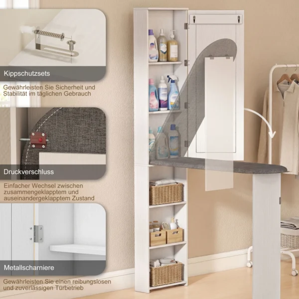 Opvouwbare Strijkplankkast Met Deur, Interne Planken, Spiegel, Ruimtebesparende Strijktafel Voor Wasverzorging 106x35x174 Cm Wit
