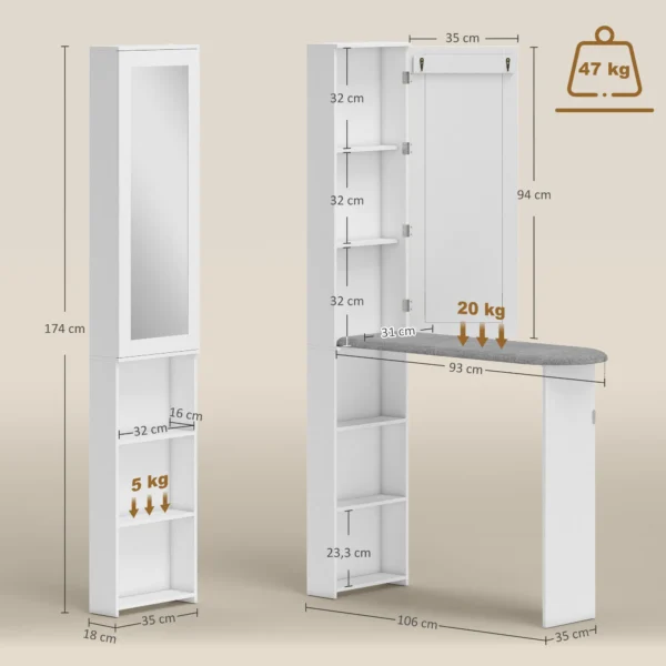 Opvouwbare Strijkplankkast Met Deur, Interne Planken, Spiegel, Ruimtebesparende Strijktafel Voor Wasverzorging 106x35x174 Cm Wit