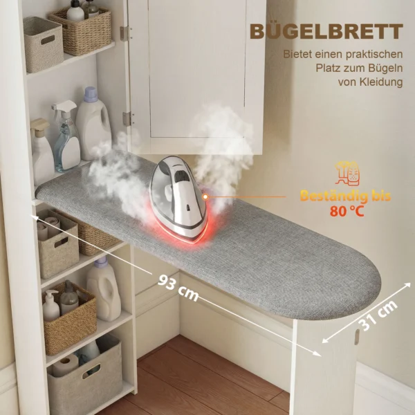Opvouwbare Strijkplankkast Met Deur, Interne Planken, Spiegel, Ruimtebesparende Strijktafel Voor Wasverzorging 106x35x174 Cm Wit