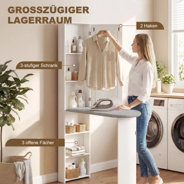 Opvouwbare Strijkplankkast Met Deur, Interne Planken, Spiegel, Ruimtebesparende Strijktafel Voor Wasverzorging 106x35x174 Cm Wit