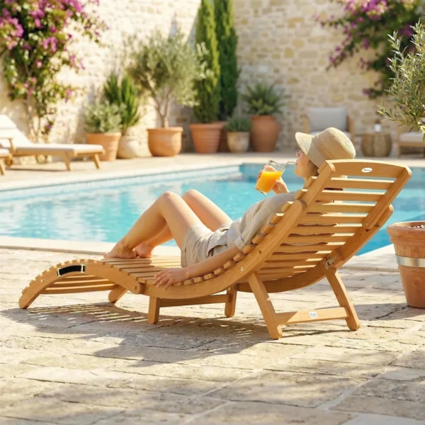 Opvouwbare Weerbestendige Houten Tuinligstoel Met Kussen Hoofdsteun Draaggreep 183 X 54 X 63 Cm, Beige