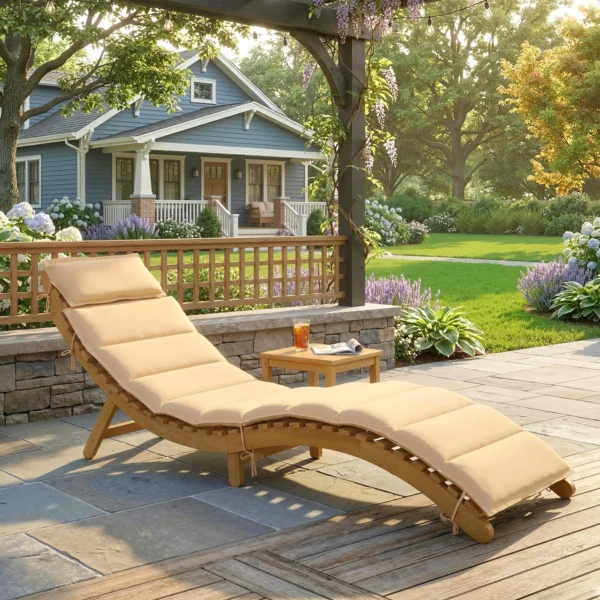 Opvouwbare Weerbestendige Houten Tuinligstoel Met Kussen Hoofdsteun Draaggreep 183 X 54 X 63 Cm, Beige