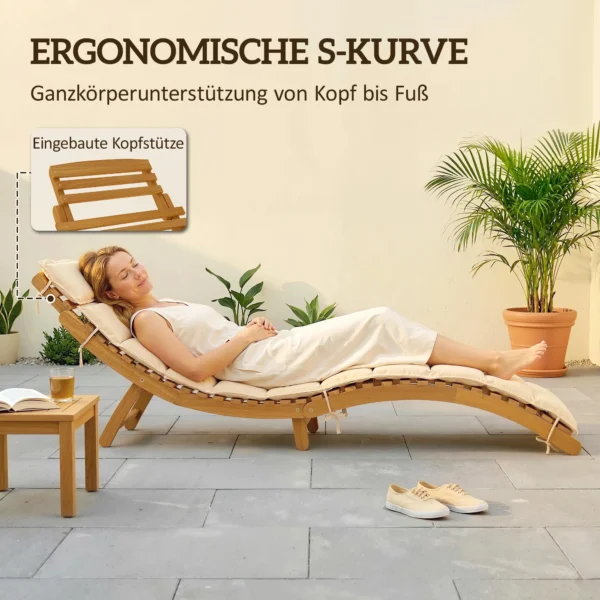 Opvouwbare Weerbestendige Houten Tuinligstoel Met Kussen Hoofdsteun Draaggreep 183 X 54 X 63 Cm, Beige
