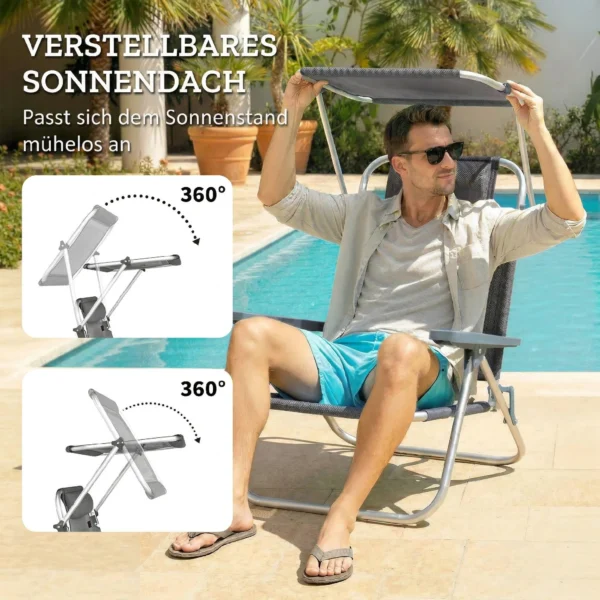 Opvouwbare Zonneligstoel Tuinligstoel Met Kussen, Verstelbaar Dak, 6 voudig Verstelbare Rugleuning 62 X 68 X 79 Cm Donkergrijs