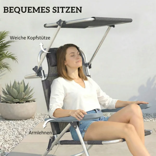 Opvouwbare Zonneligstoel Tuinligstoel Met Kussen, Verstelbaar Dak, 6 voudig Verstelbare Rugleuning 62 X 68 X 79 Cm Donkergrijs