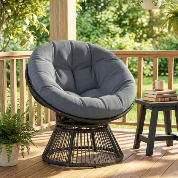 Papasans Stoel 360° Draaibaar Korfstoel Met Kussen Stalen Frame Ronde Rattanstoel Loungestoel Grijs