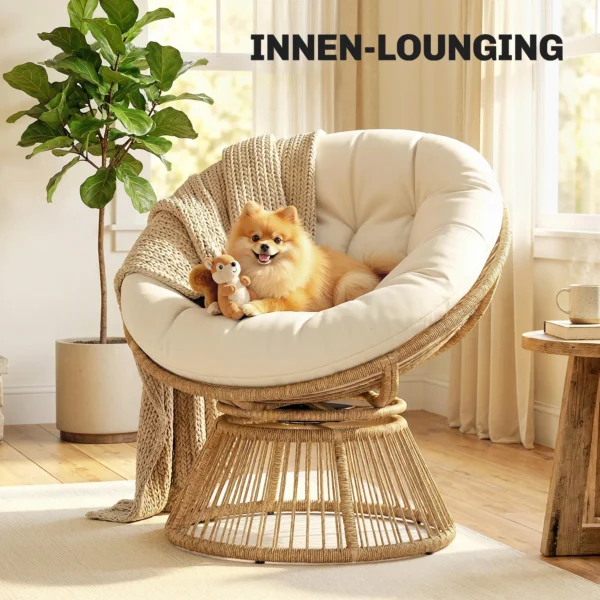 Papasans Stoel 360° Draaibaar, Korfstoel Met Kussen, Stalen Frame, Ronde Rotanstoel, Loungestoel, Crèmewit