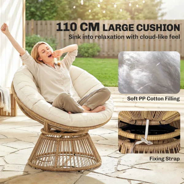 Papasans Stoel 360° Draaibaar, Korfstoel Met Kussen, Stalen Frame, Ronde Rotanstoel, Loungestoel, Crèmewit