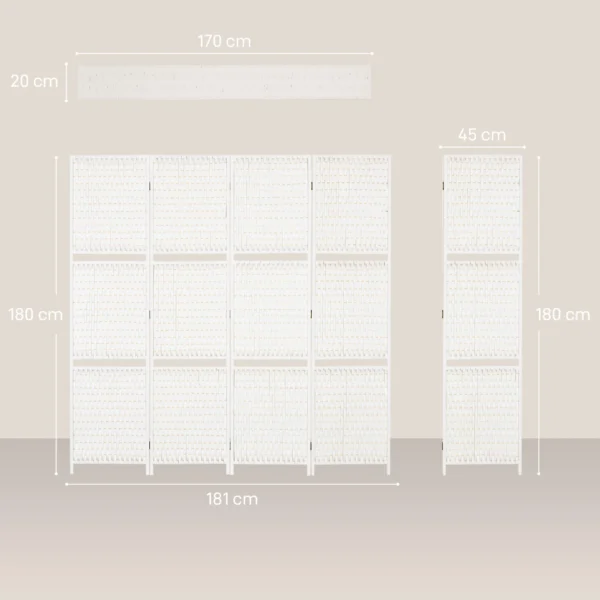 Paravent 4 delig 181 X 180 Cm Opvouwbare Kamerverdeler Met 2 Planken Van Dennenhout, Bamboe Voor Slaapkamer, Wit