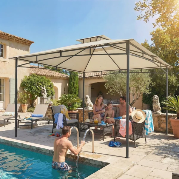 Paviljoen 3x3m Waterafstotend Stabiel Winterbestendig Tuinpaviljoen Met Intrekbare Bovenframe Dubbeldak Crèmewit