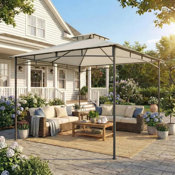 Paviljoen 3x3m Waterafstotend Stabiel Winterbestendig Tuinpaviljoen Met Intrekbare Bovenframe Dubbeldak Crèmewit