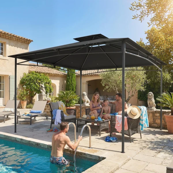 Paviljoen 3x3m Waterafstotend Stabiel Winterbestendig Tuinpaviljoen Met Intrekbare Bovenframe Dubbeldak Donkergrijs