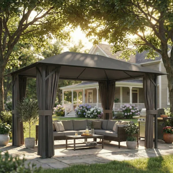 Paviljoen Ca. 4x3m Waterafstotend Stabiel Winterbestendig Tuinpaviljoen Met Muggennet 4 Zijpanelen Ventilatie Afvoergaten