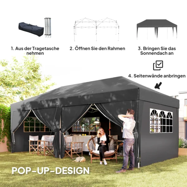 Paviljoen Ca. 6x3m Stabiel Winterbestendig Pop up Vouwpaviljoen Met Vensters, Ritssluiting Deur, Zijpanelen, UV Bescherming
