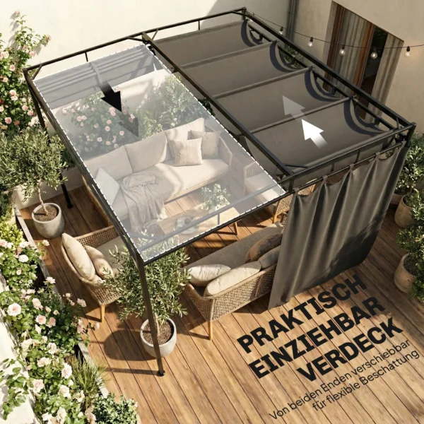 Pergola Paviljoen 3x3m Waterafstotend Zonnescherm Met Verstelbaar Schuifdak Gordijnen, Vrijstaand