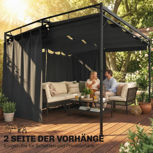 Pergola Paviljoen 3x3m Waterafstotend Zonnescherm Met Verstelbaar Schuifdak Gordijnen, Vrijstaand
