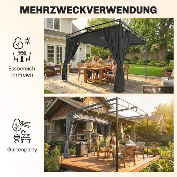 Pergola Paviljoen 3x3m Waterafstotend Zonnescherm Met Verstelbaar Schuifdak Gordijnen, Vrijstaand
