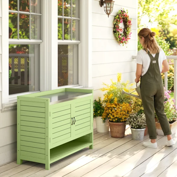 Planttafel Met Houten Onderkast Voor Buiten, Tuinkast Met Verzinkt Werkblad, 3 Planken, 88x40x70,5cm, Groen