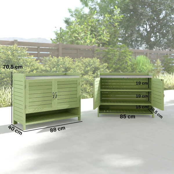 Planttafel Met Houten Onderkast Voor Buiten, Tuinkast Met Verzinkt Werkblad, 3 Planken, 88x40x70,5cm, Groen