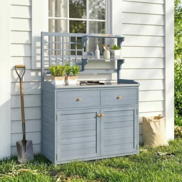 Planttafel Met Onderkast Outdoor Houten Tuinkast Met Verzinkt Werkblad 2 Lades 104x44x140 Cm Lichtgrijs