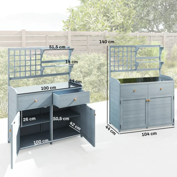 Planttafel Met Onderkast Outdoor Houten Tuinkast Met Verzinkt Werkblad 2 Lades 104x44x140 Cm Lichtgrijs
