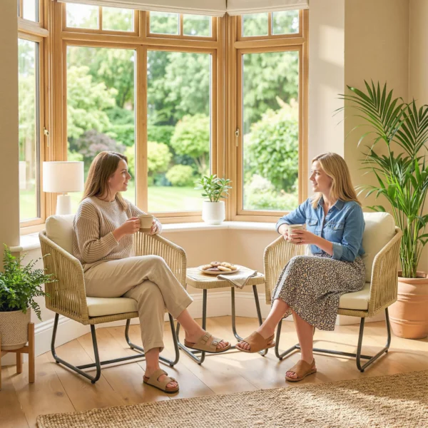 Rattan Bistroset 3 delige FSC Tuinmeubelset Met 2 Stoelen, Lamellen Houten Tafel, Dikke Wasbare Kussens Stalen Frame