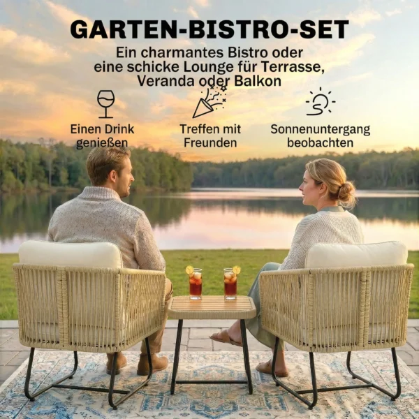 Rattan Bistroset 3 delige FSC Tuinmeubelset Met 2 Stoelen, Lamellen Houten Tafel, Dikke Wasbare Kussens Stalen Frame
