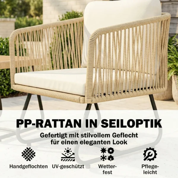 Rattan Bistroset 3 delige FSC Tuinmeubelset Met 2 Stoelen, Lamellen Houten Tafel, Dikke Wasbare Kussens Stalen Frame