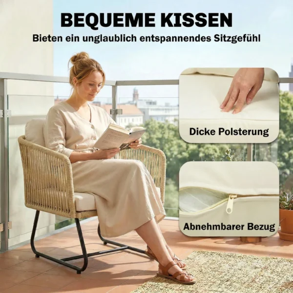 Rattan Bistroset 3 delige FSC Tuinmeubelset Met 2 Stoelen, Lamellen Houten Tafel, Dikke Wasbare Kussens Stalen Frame